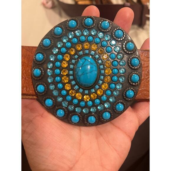 Vintage Olga Santini Tooled leather belt with Rhinestone metal Buckle - Picture 3 of 5